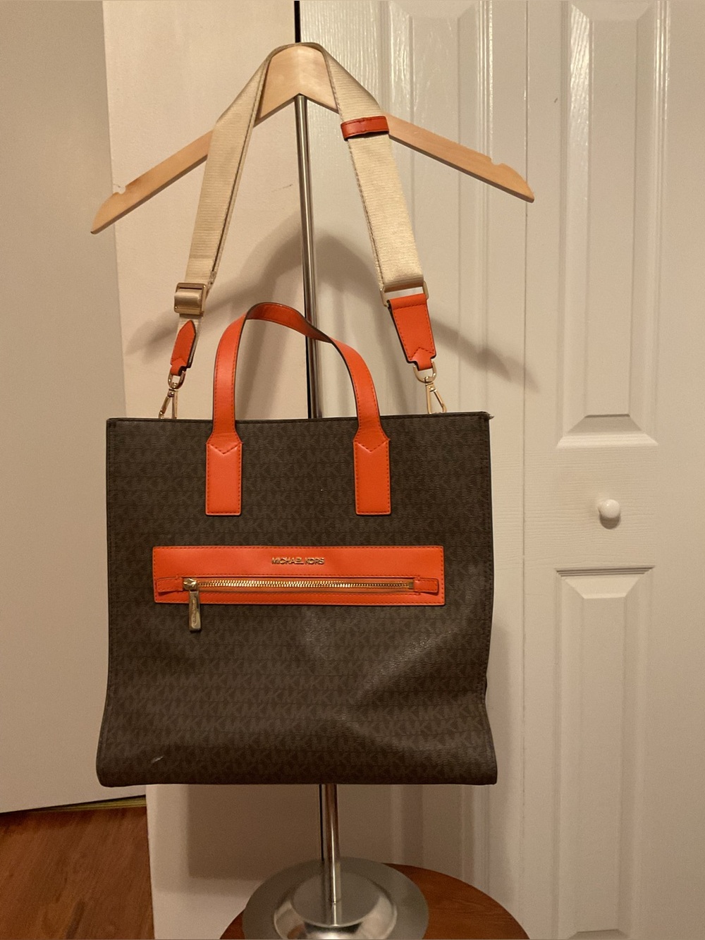 Michael Kors Kenly Brown and Orange Signature Tote with Crossbody Strap